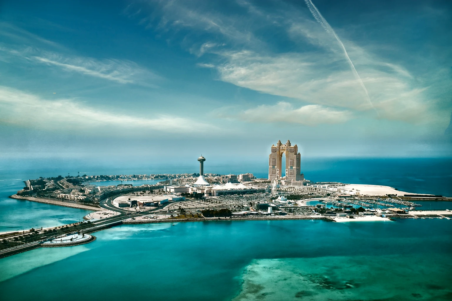 The Abu Dhabi coast and islands from the air, turquoise water