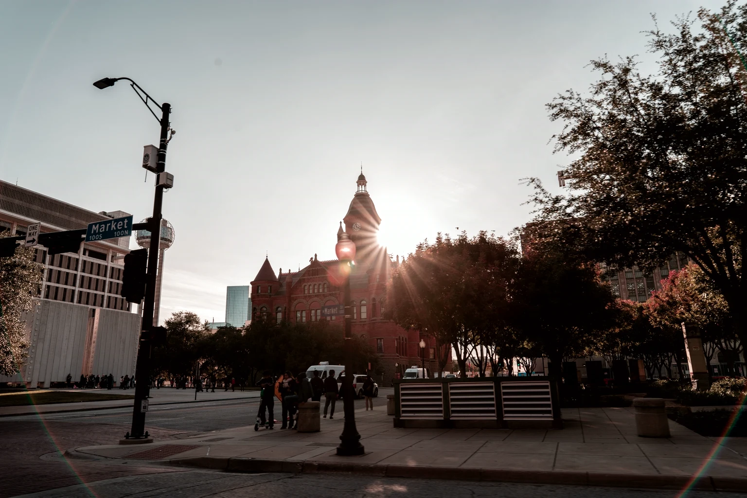 The Old Red Courthouse in Dallas with the sun setting behind it