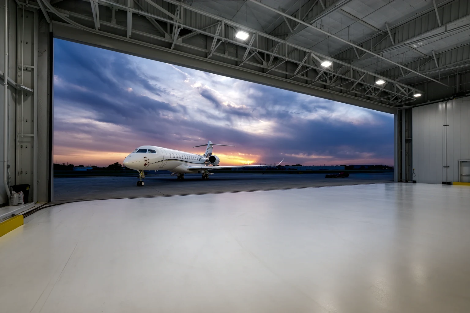 A large-cabin Bombardier on the ramp at sunset, seen from inside an open hangar