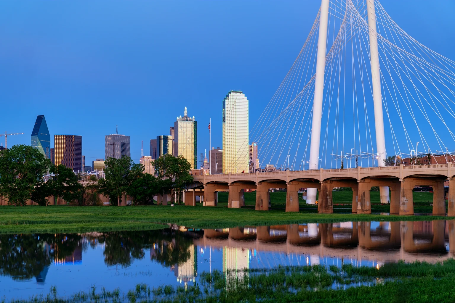 Downtown Dallas at blue hour beside the Margaret Hunt Hill Bridge, reflected in the Trinity River floodplain