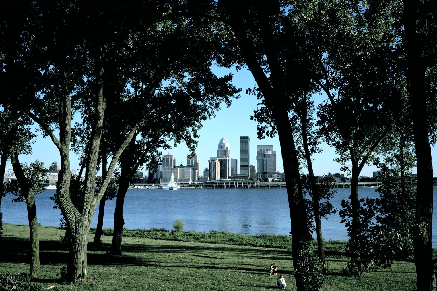 Downtown Louisville across the Ohio River, framed by trees on the Indiana bank