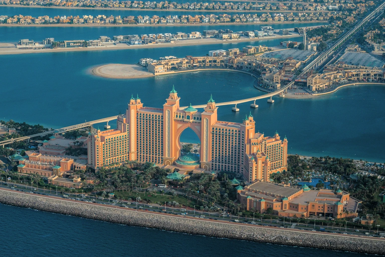 Atlantis and the Palm Jumeirah from the air at dusk