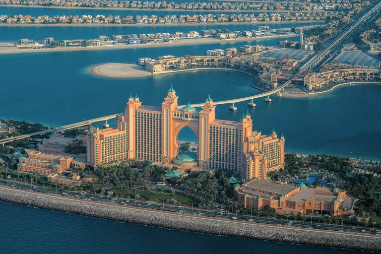 Atlantis and the Palm Jumeirah from the air at dusk