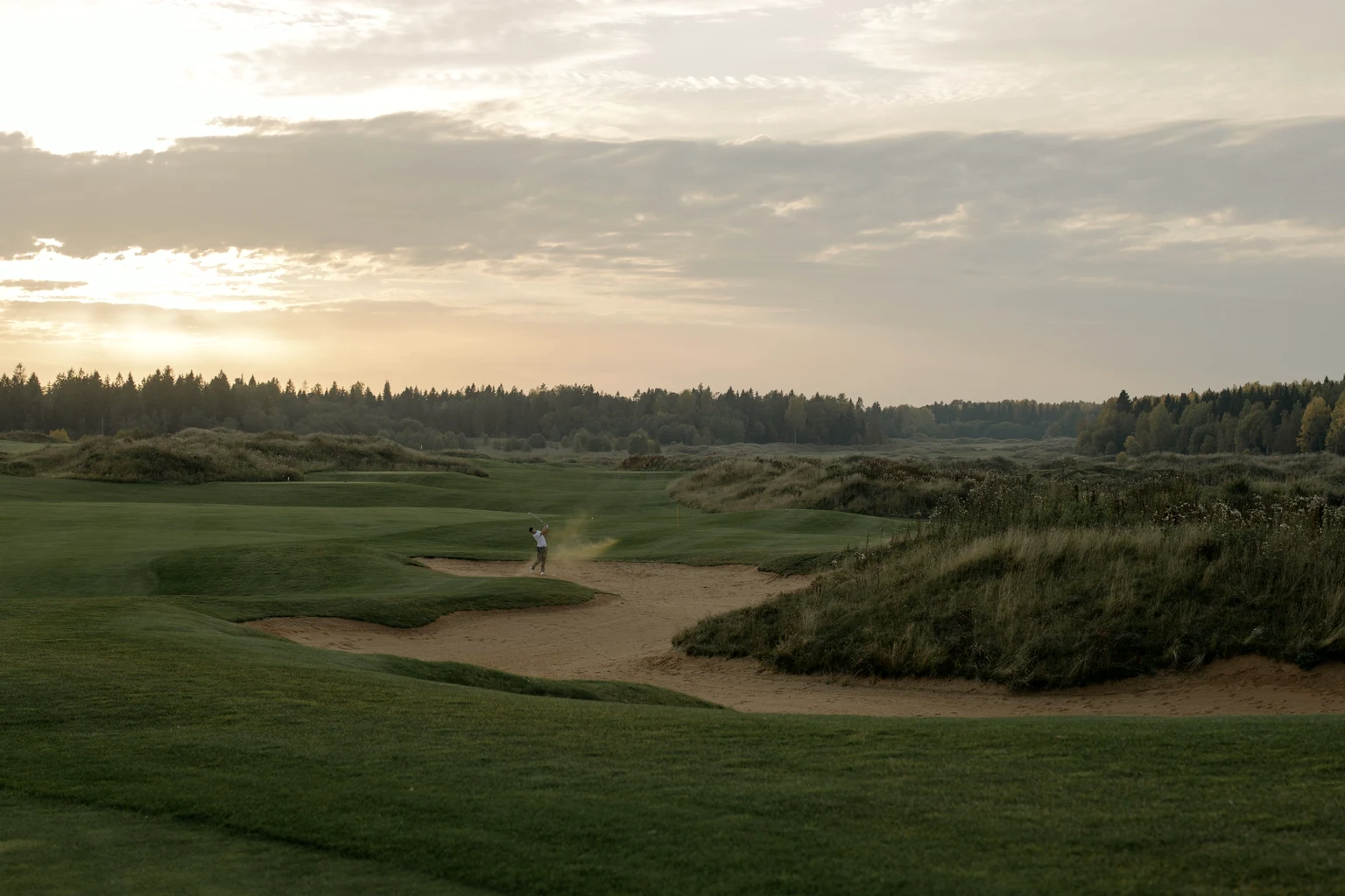 A golfer playing out of a links bunker at dawn