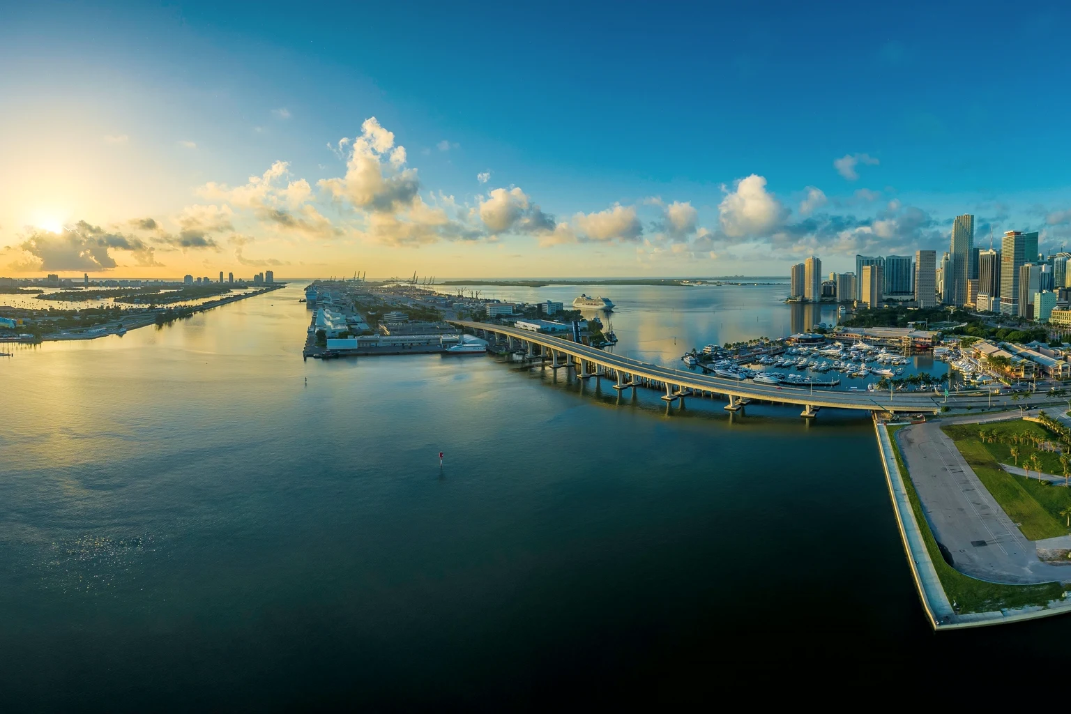 The causeways into Miami from the air at sunset