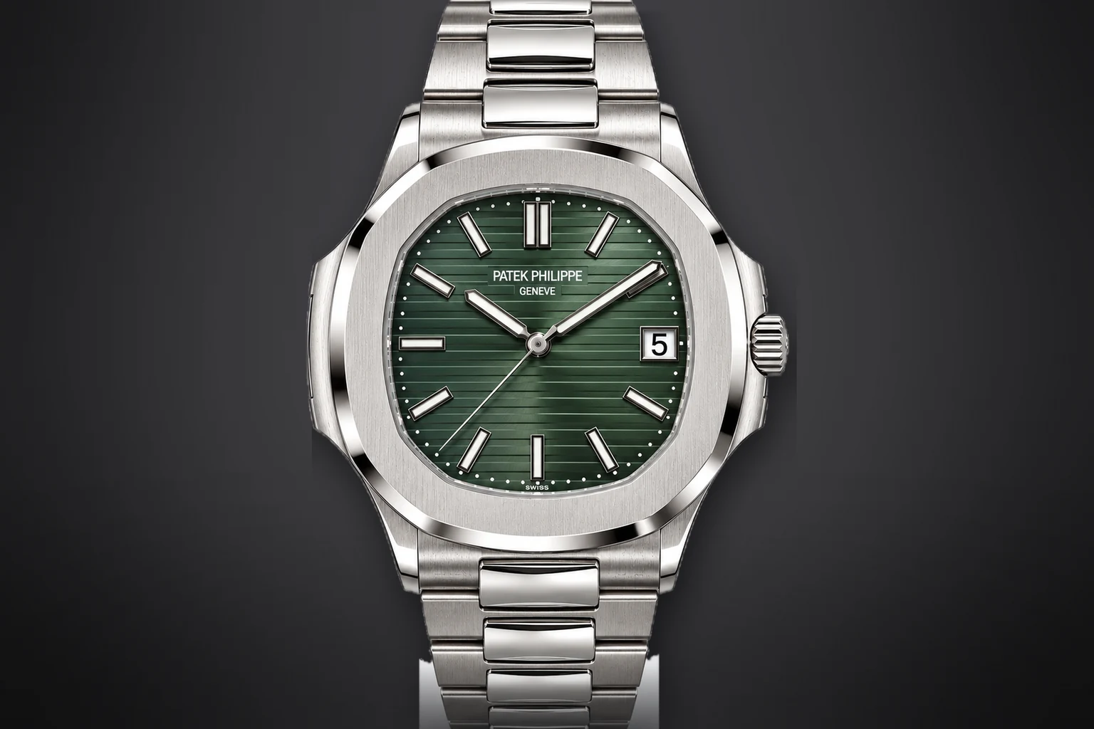 A steel Patek Philippe Nautilus with an olive green embossed dial and an integrated steel bracelet, lit against a dark ground