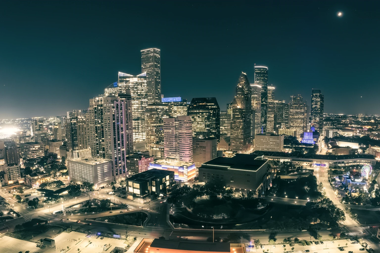 Downtown Houston from the air at night
