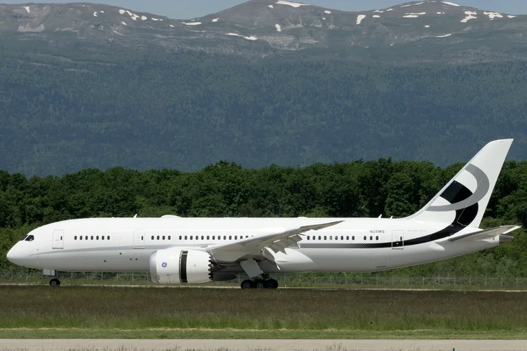 A Boeing BBJ 787-8 in white with a black and grey sweep on the tail, taxiing side-on at Geneva with wooded hills and the Jura behind.