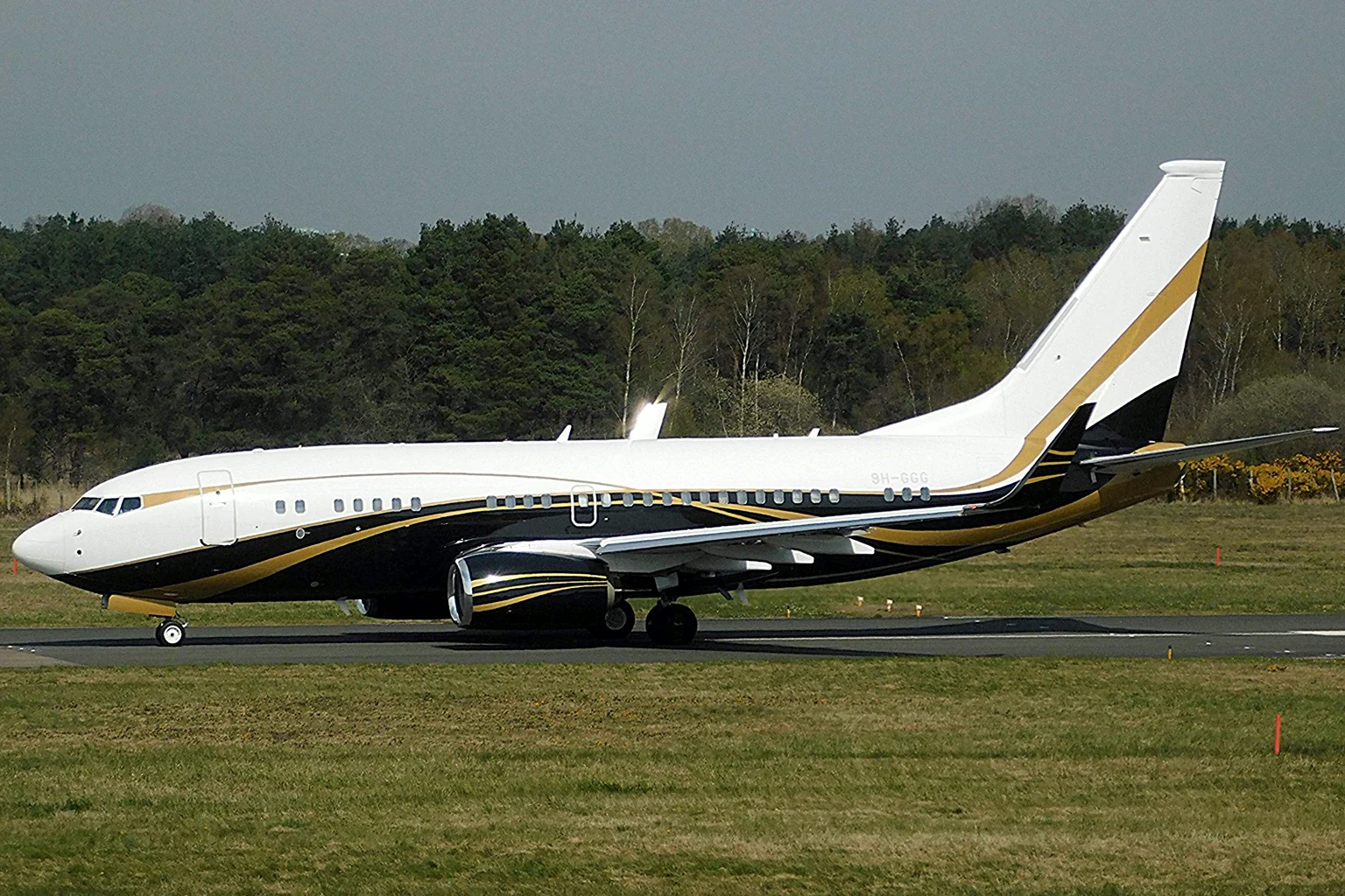 A private Boeing Business Jet in white, black and gold taxiing side-on at Farnborough, a dark storm sky and pine woods behind.