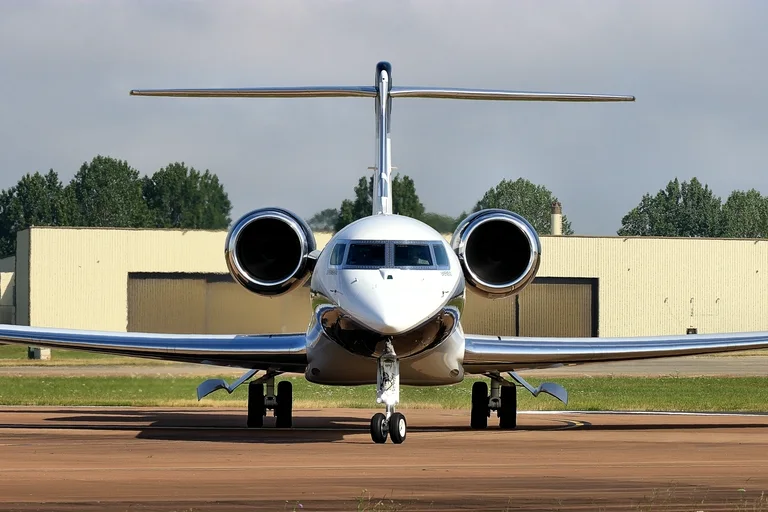 A Gulfstream G700 in Gulfstream's polished white and chrome livery taxiing head-on at RIAT, both engines and the T-tail framed symmetrically.