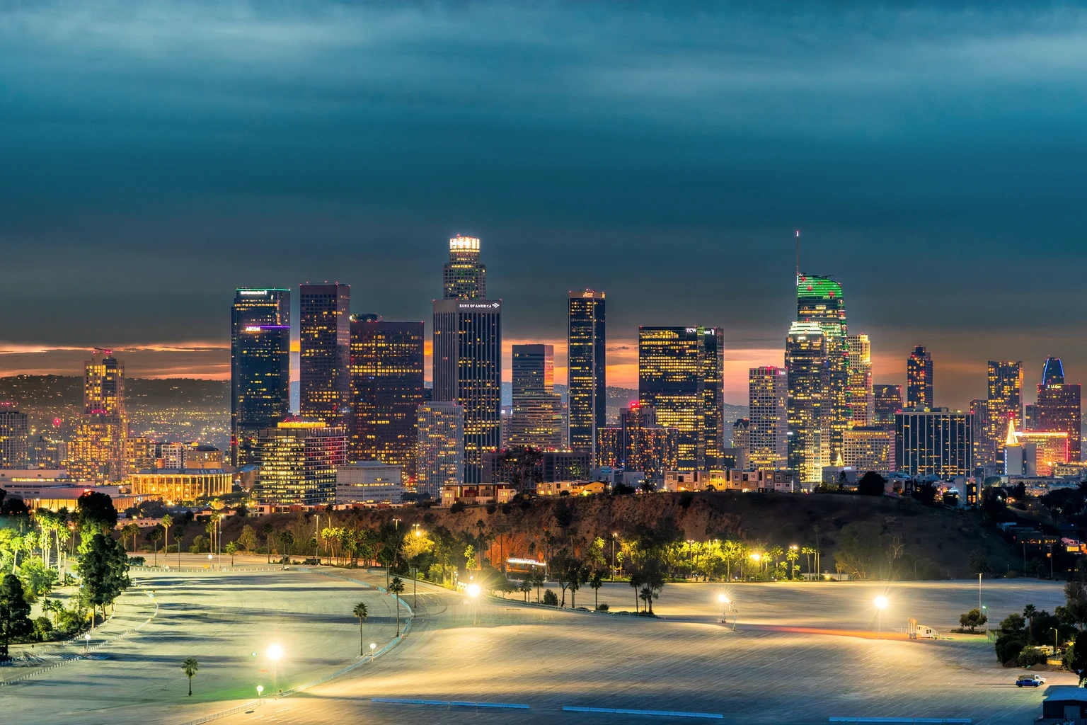 The downtown Los Angeles skyline at dusk