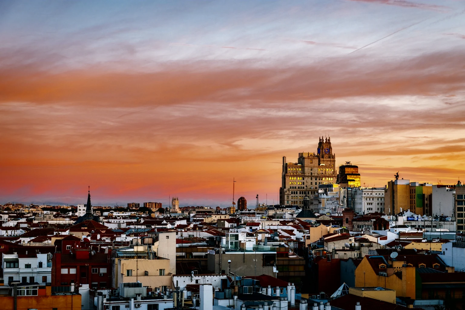 The Madrid skyline at sunset