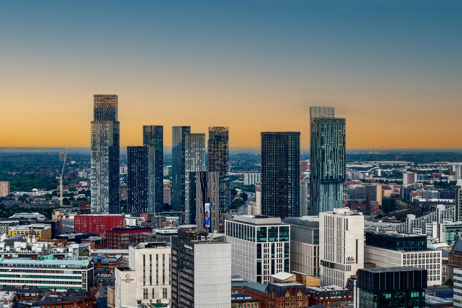 The Deansgate towers of Manchester at sunset