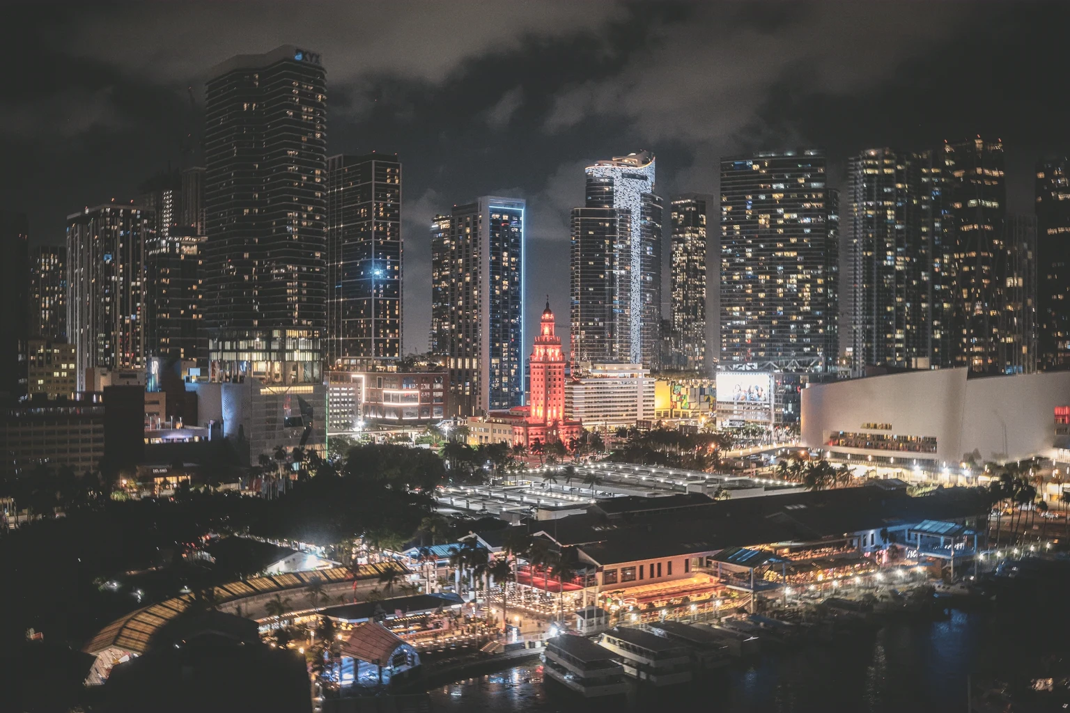 Brickell and downtown Miami from the air at night