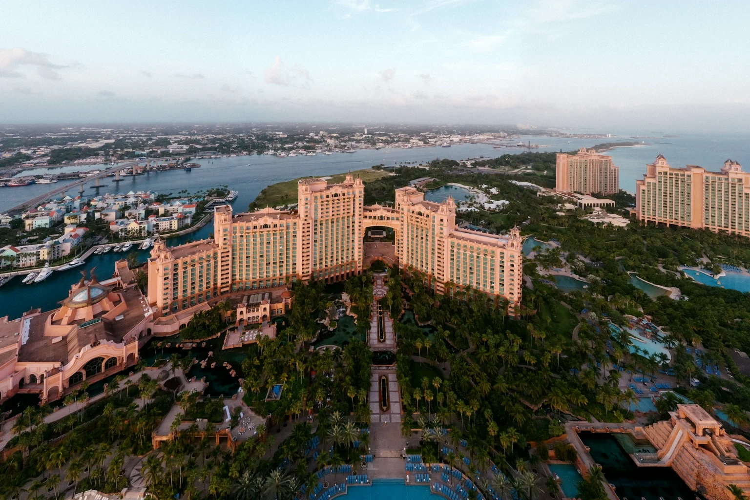 Atlantis and Paradise Island from the air at dusk, Nassau harbour behind