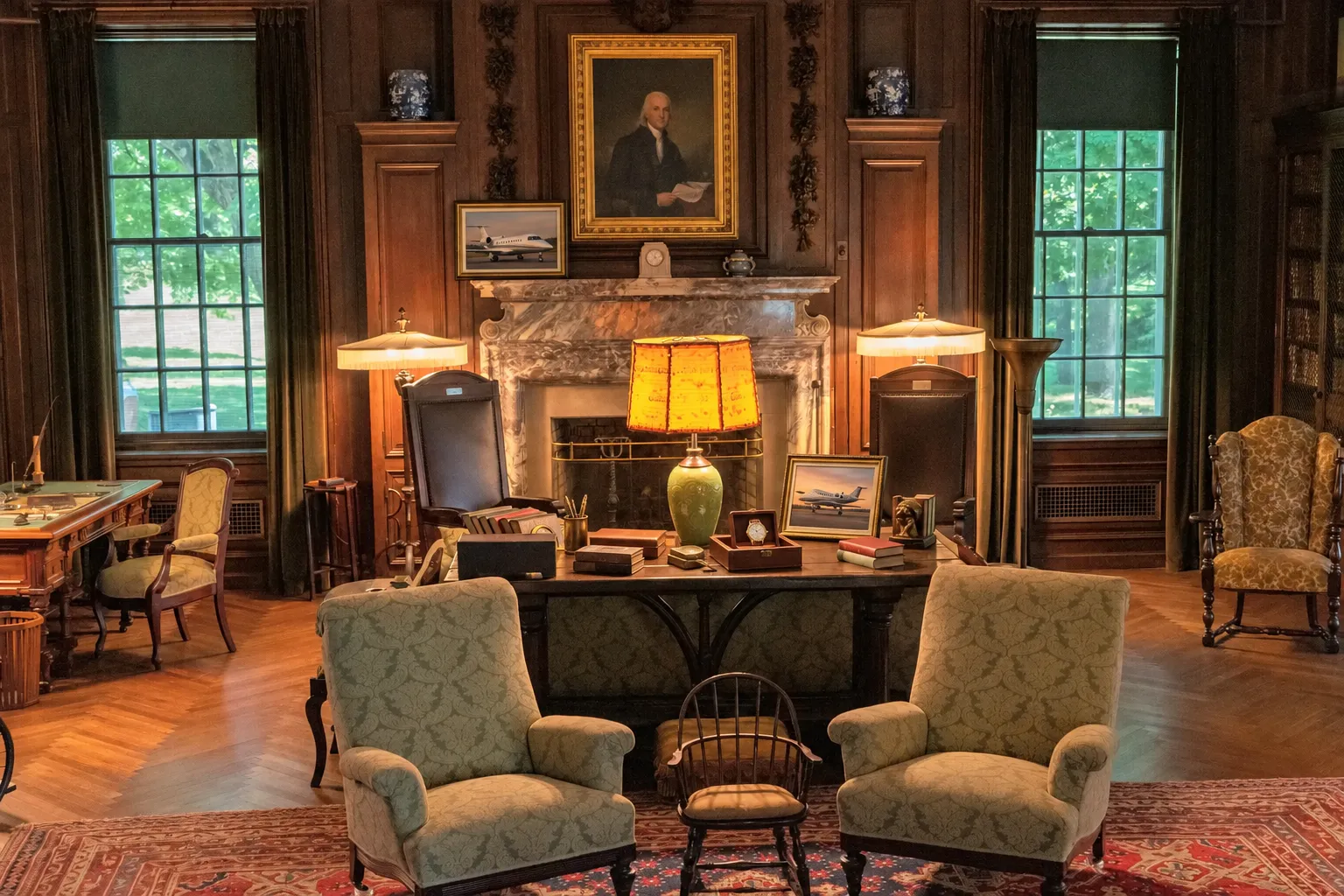 A wood-panelled study with lamps lit on the desk, a gold watch in its open box and framed photographs of private jets