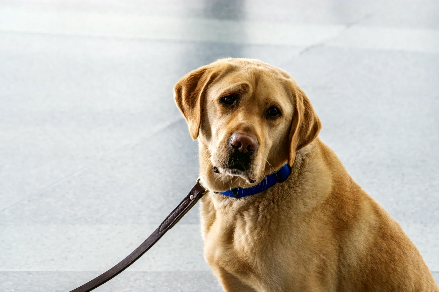 A yellow Labrador on a leather lead, sitting on a pale stone floor
