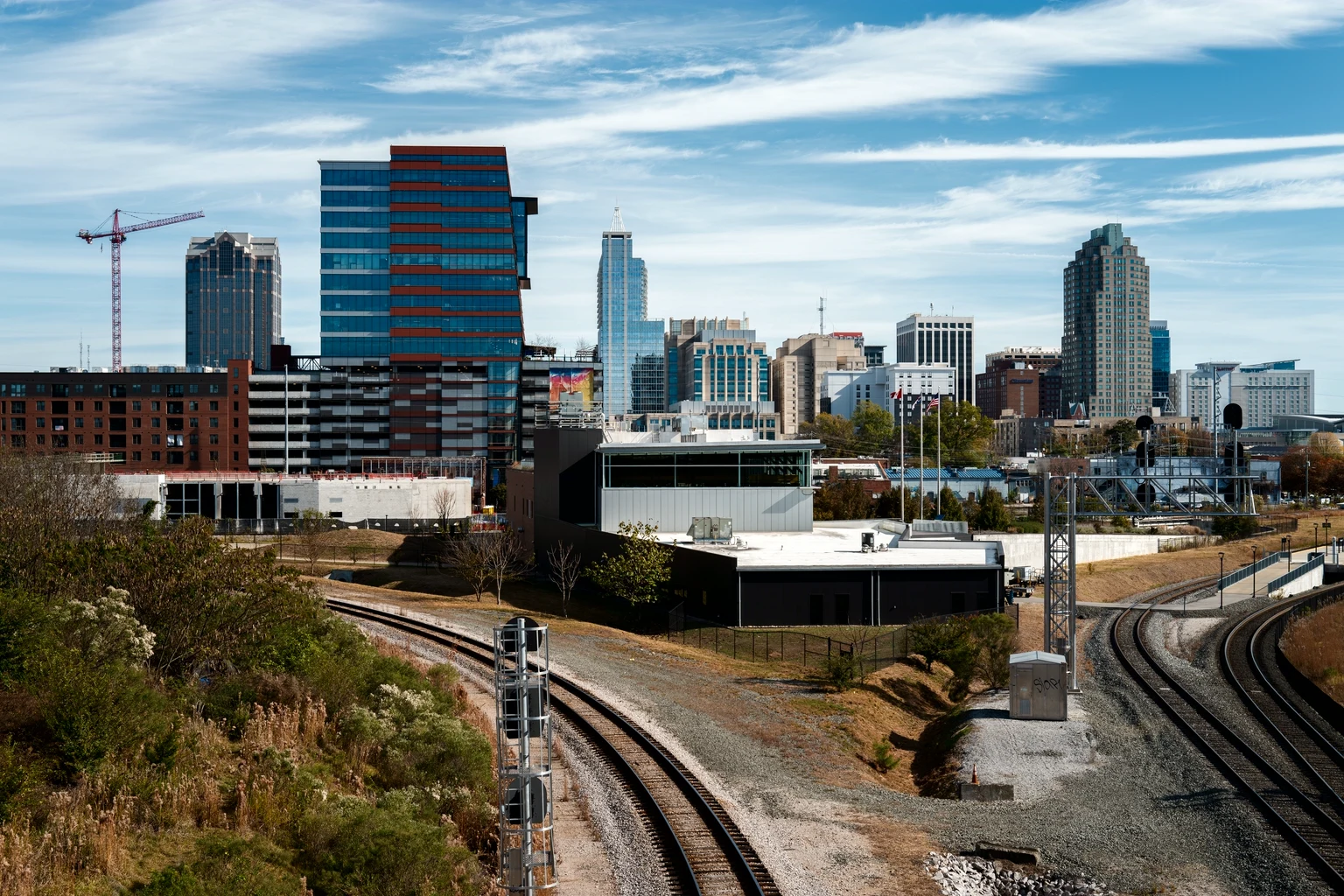 The downtown Raleigh skyline seen across the railway