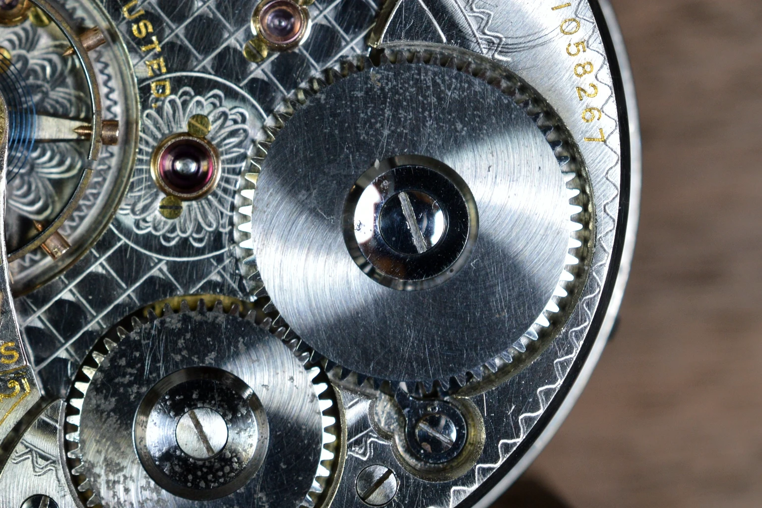 The bridges, jewels and gear train of a mechanical movement in macro