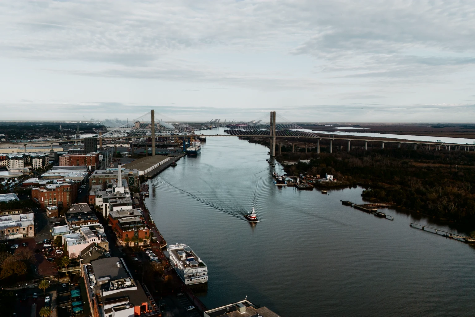 The Savannah River from the air, River Street on the left and the Talmadge Memorial Bridge upstream
