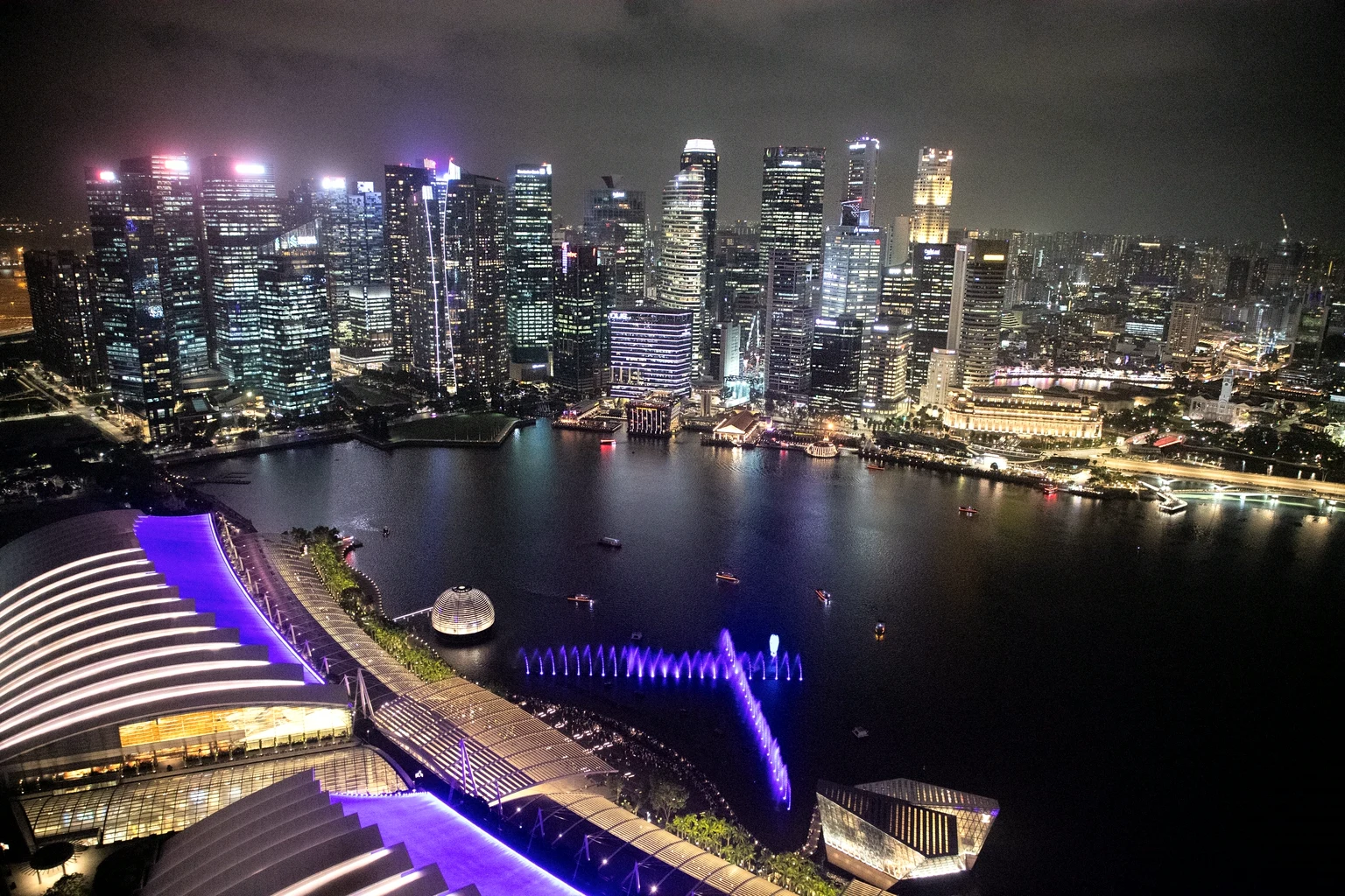 Marina Bay in Singapore from the air at night