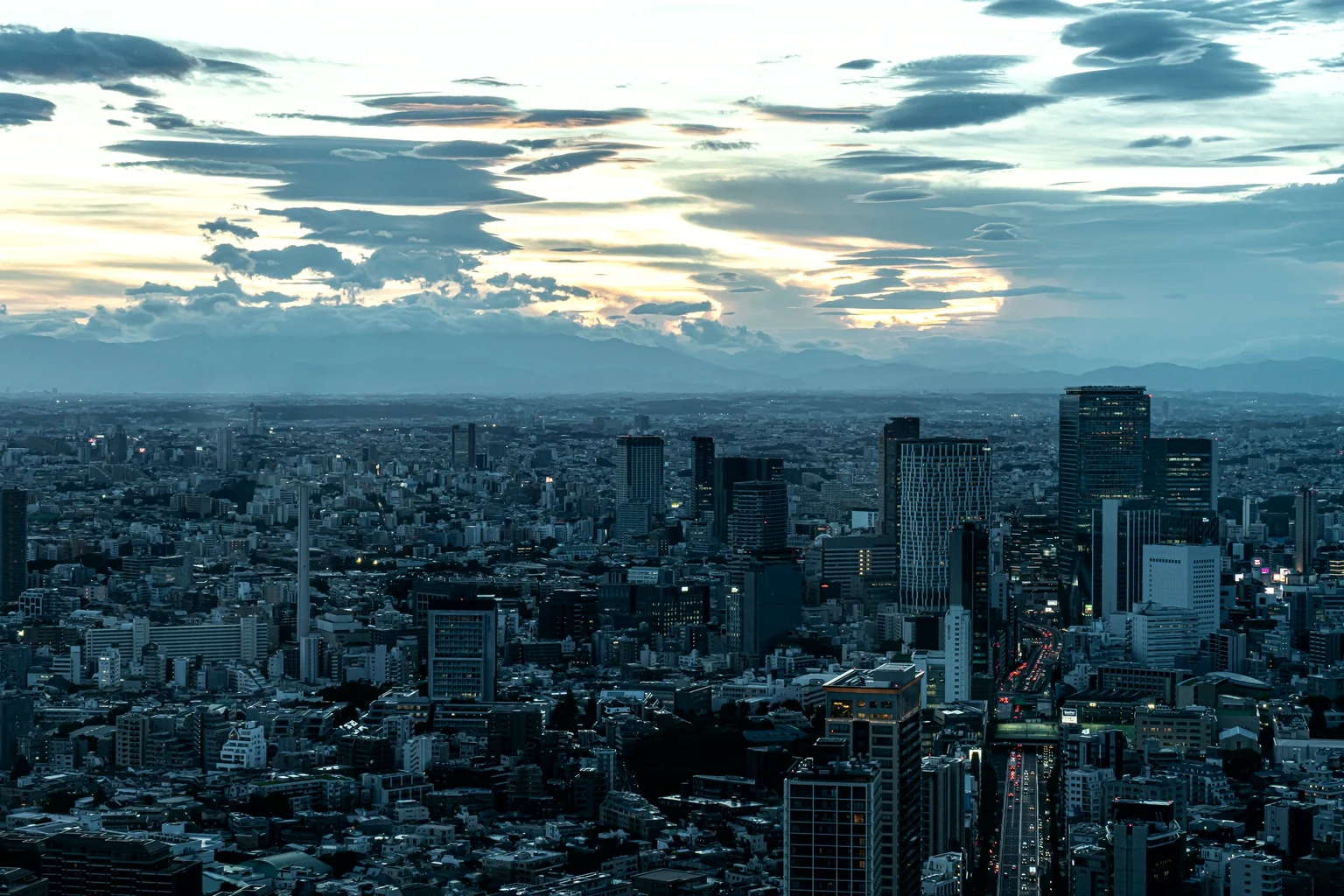 Tokyo's Minato district at dusk under a layered evening sky