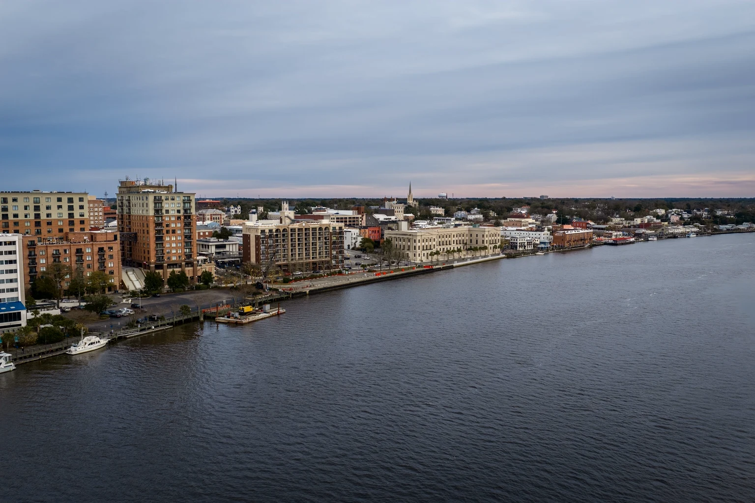 Downtown Wilmington, North Carolina, along the Cape Fear River from the air at dusk