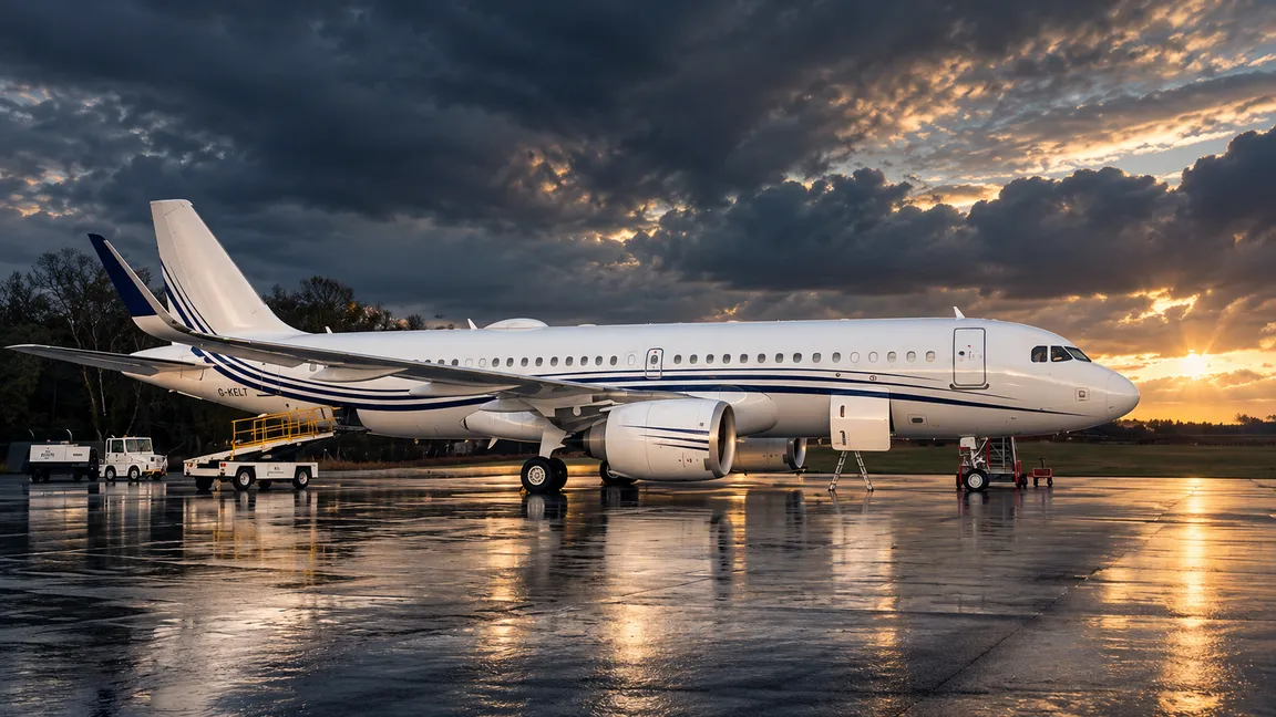An Airbus corporate jet on a wet apron at sunset