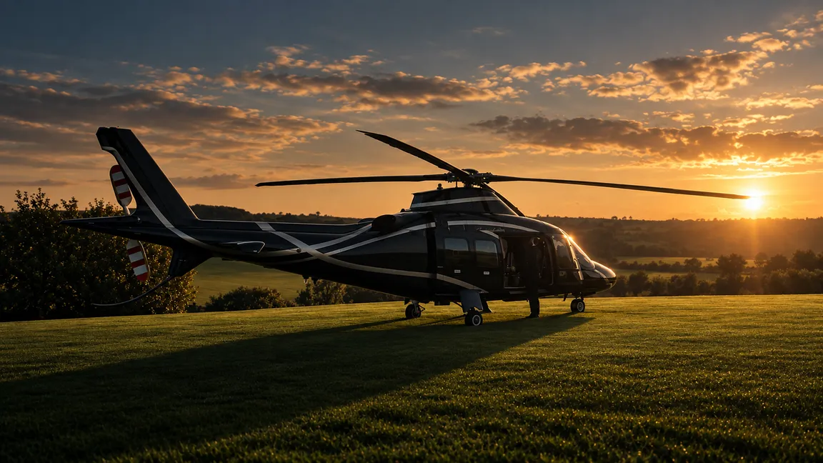 A private helicopter on a lawn at sunset