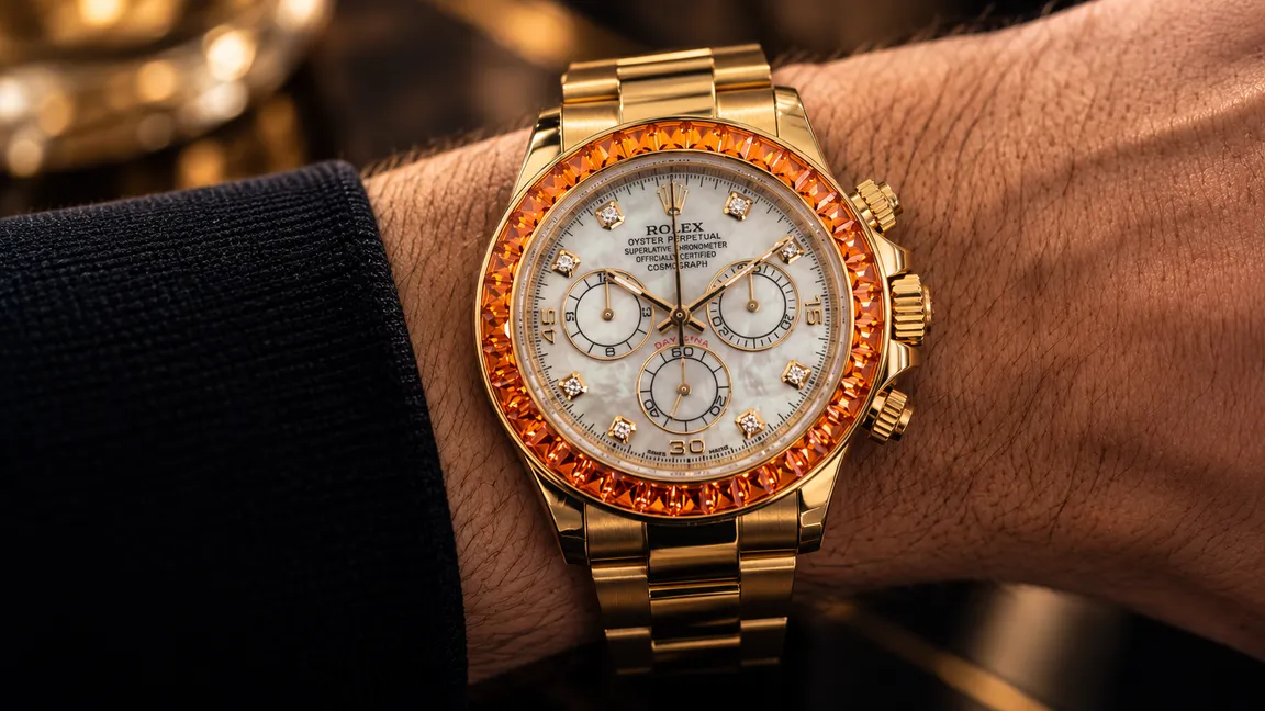 A gold Rolex Daytona with an orange gem-set bezel on the wrist