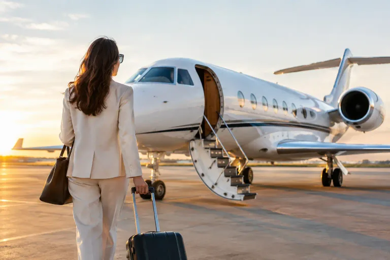 A woman in a cream suit wheeling a suitcase towards a private jet with its airstair down at sunset