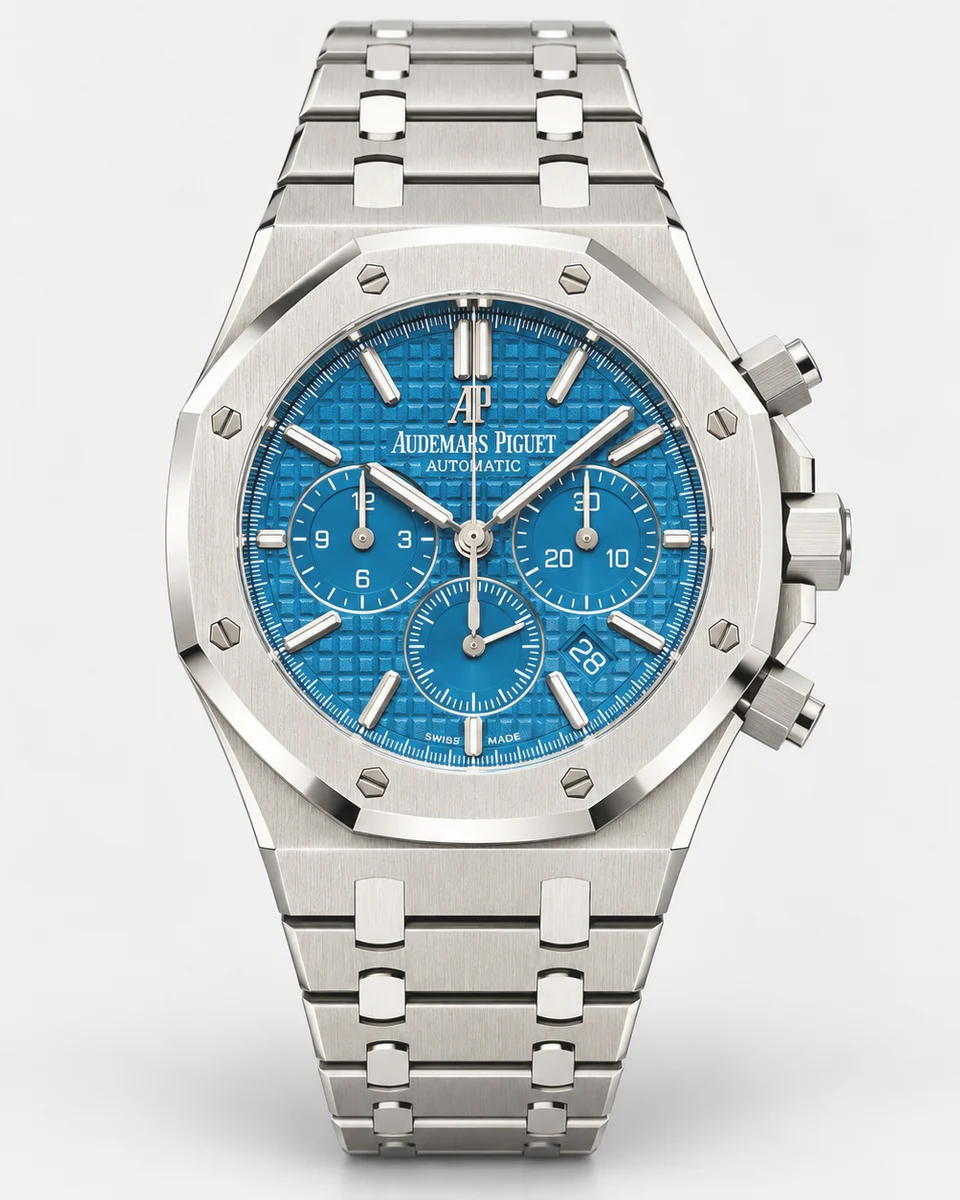 A steel Audemars Piguet Royal Oak Selfwinding Chronograph with a blue tapisserie dial and an integrated steel bracelet, photographed on white