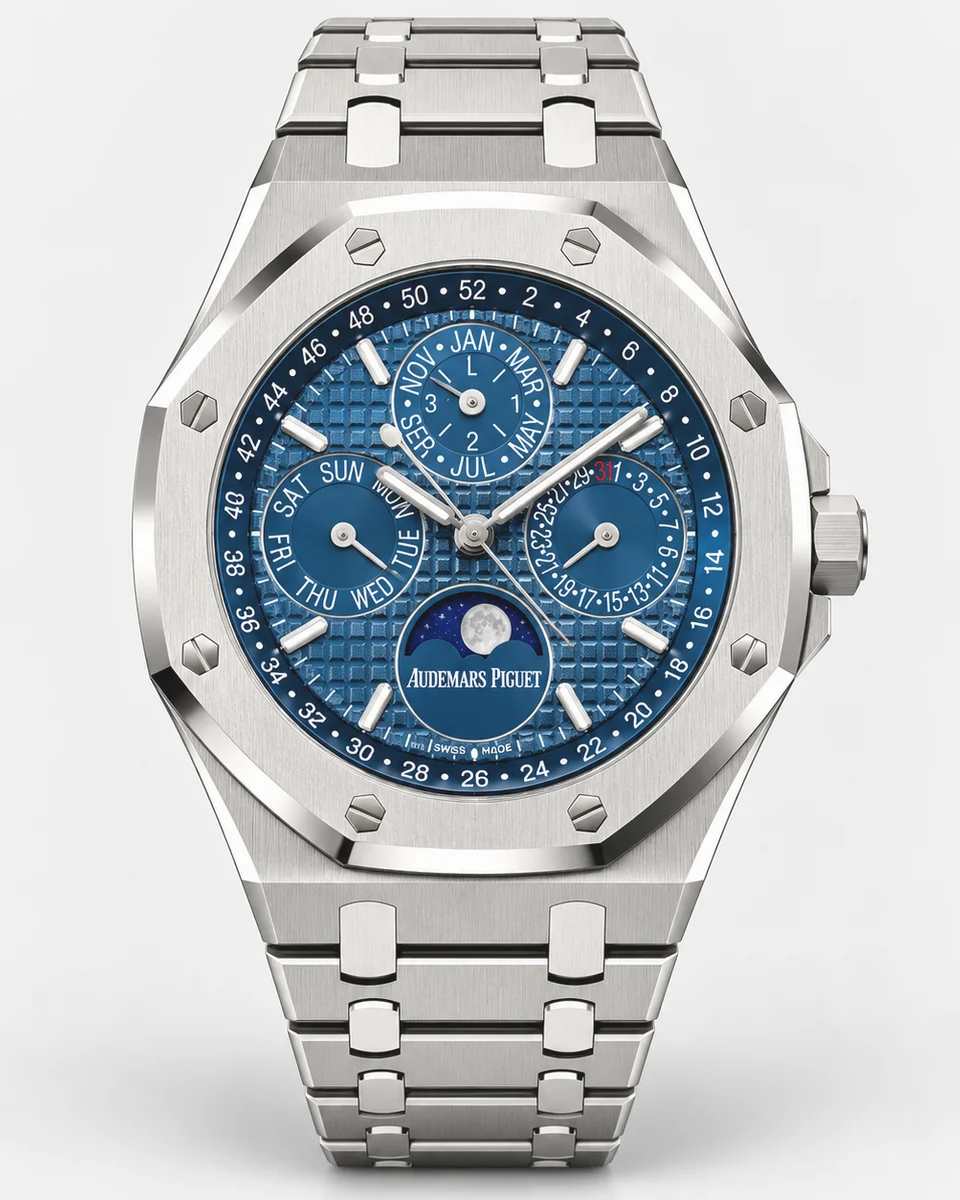 A steel Audemars Piguet Royal Oak Perpetual Calendar with a blue tapisserie dial, calendar subdials and a moon phase, on an integrated steel bracelet, photographed on white