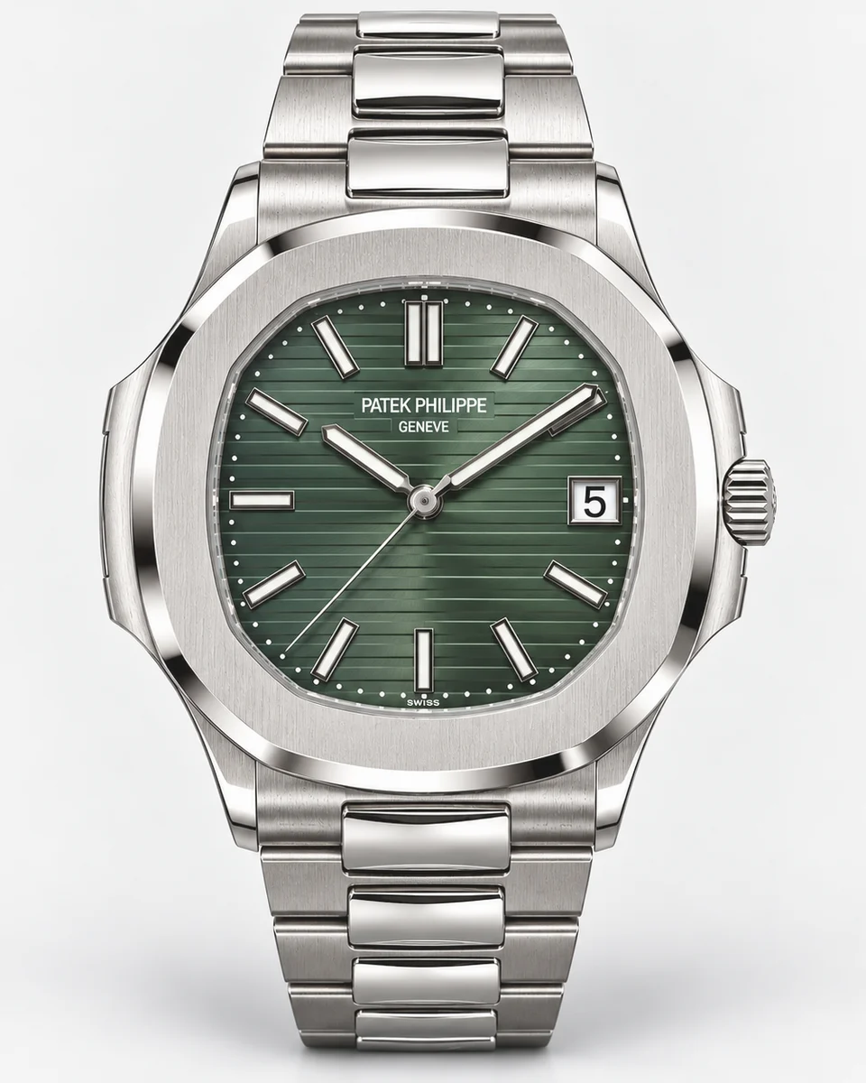 A steel Patek Philippe Nautilus with an olive green horizontally embossed dial on an integrated steel bracelet, photographed on white