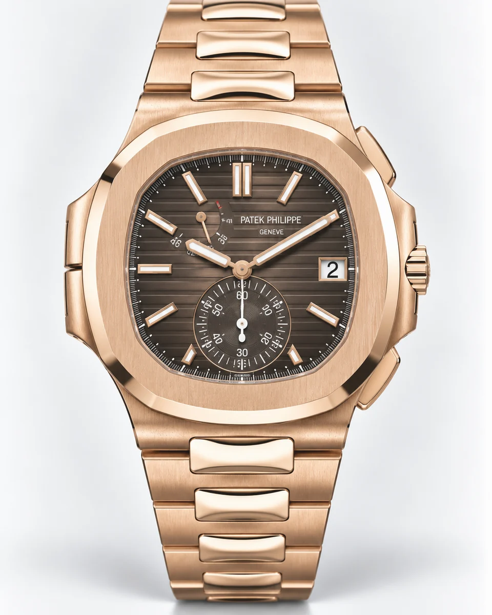 A rose gold Patek Philippe Nautilus Chronograph with a brown embossed dial and an integrated rose gold bracelet, photographed on white