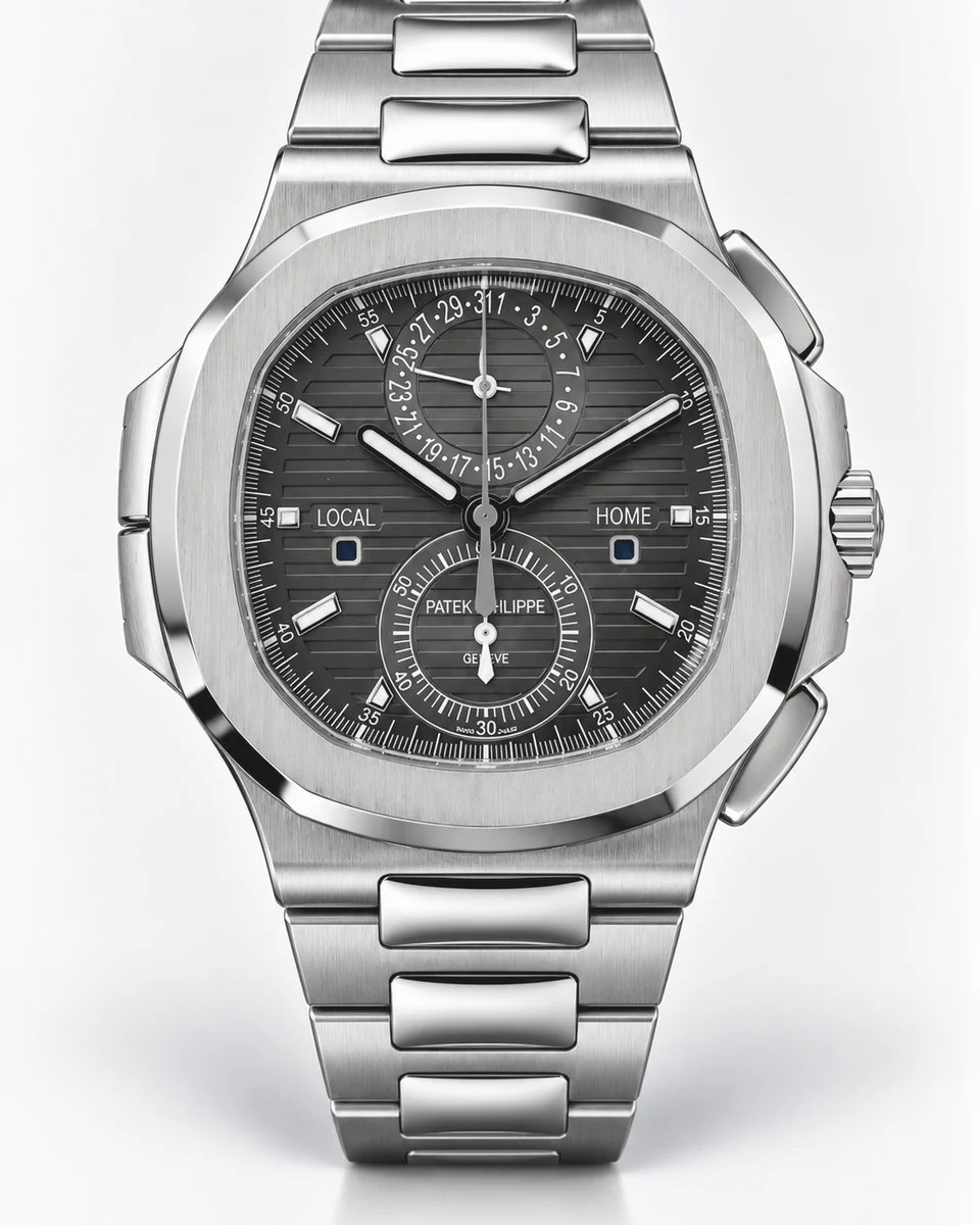 A steel Patek Philippe Nautilus Travel Time Chronograph with a black-grey embossed dial, local and home indicators and an integrated steel bracelet, photographed on white