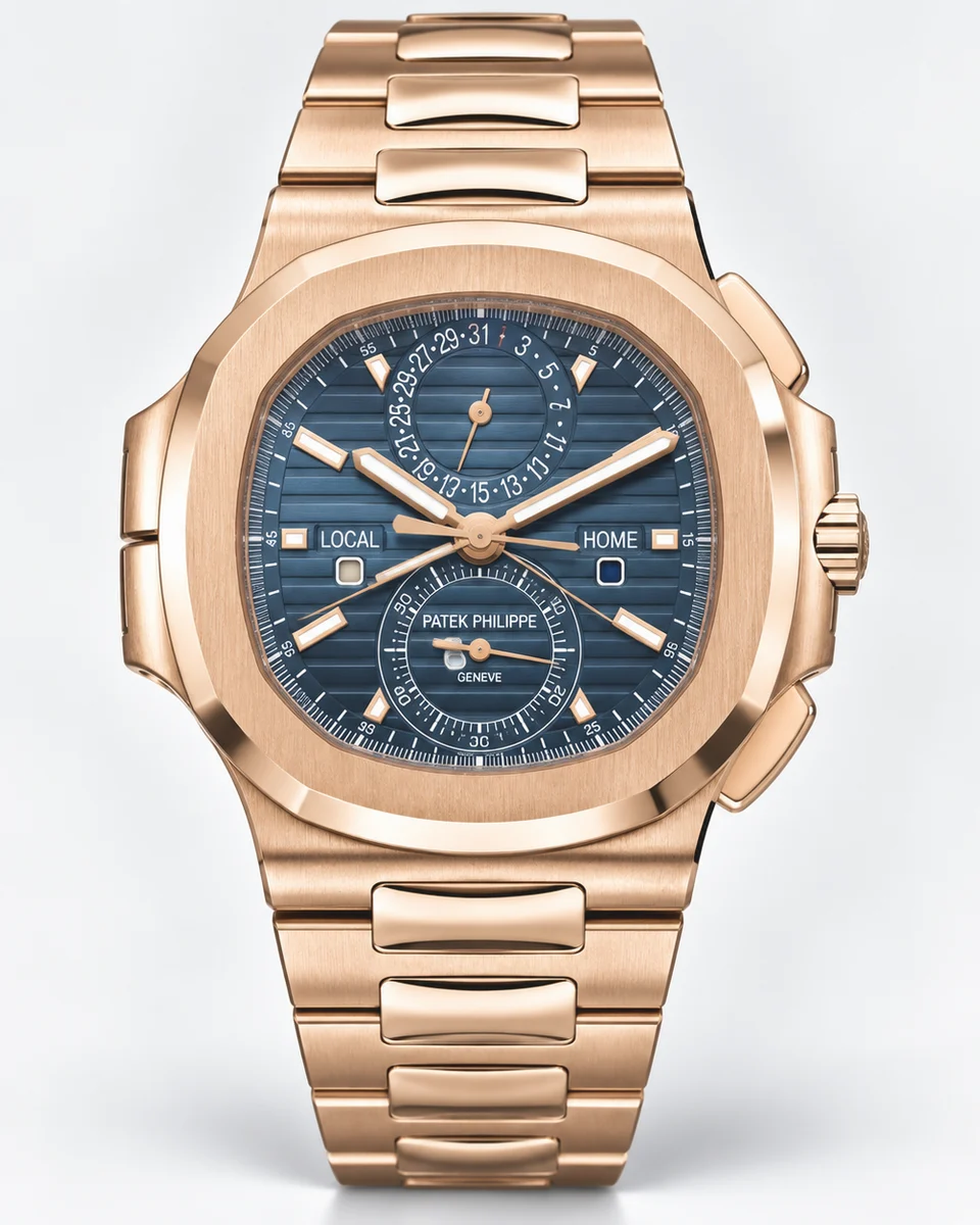 A rose gold Patek Philippe Nautilus Travel Time Chronograph with a blue embossed dial, local and home indicators and an integrated rose gold bracelet, photographed on white