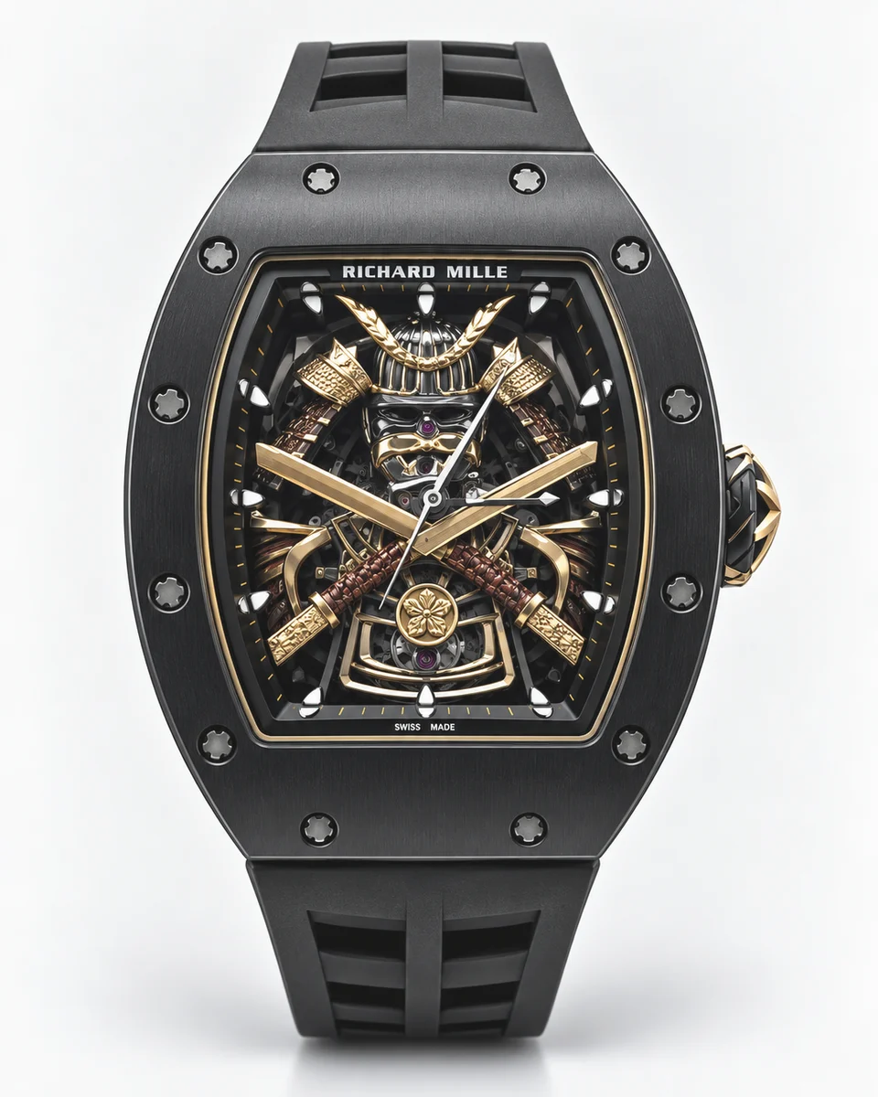 A black ceramic Richard Mille RM 47 with a gold samurai helmet, crossed swords and armour sculpted across the movement, on a black rubber strap, photographed on white