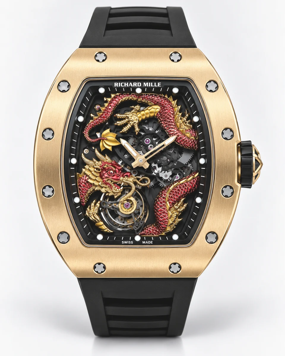 A gold Richard Mille RM 57-01 with a sculpted red and gold dragon and phoenix across a skeletonised tourbillon movement, on a black rubber strap, photographed on white