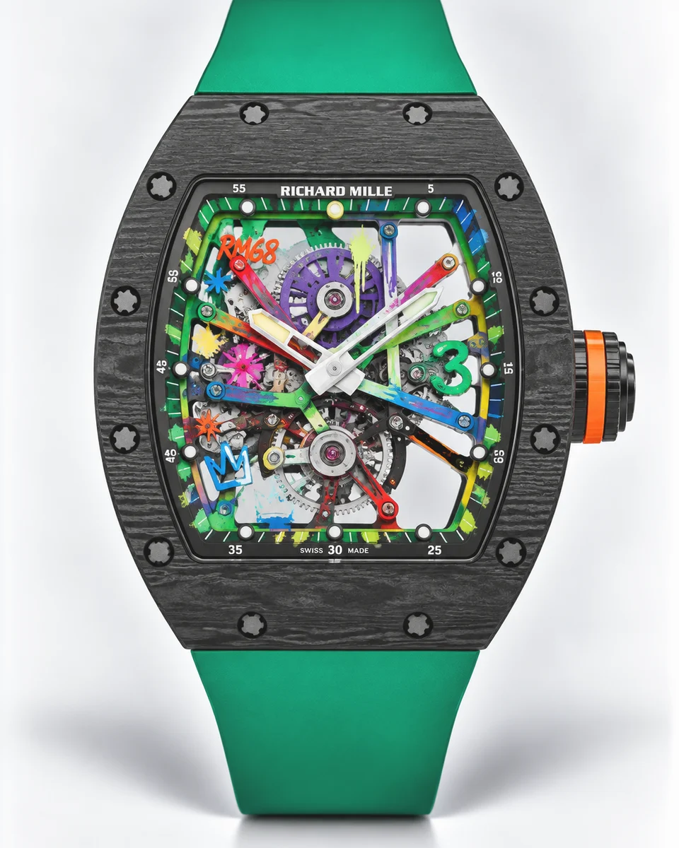 A black carbon Richard Mille RM 68-01 with a skeletonised movement painted in graffiti colours and a green rubber strap, photographed on white
