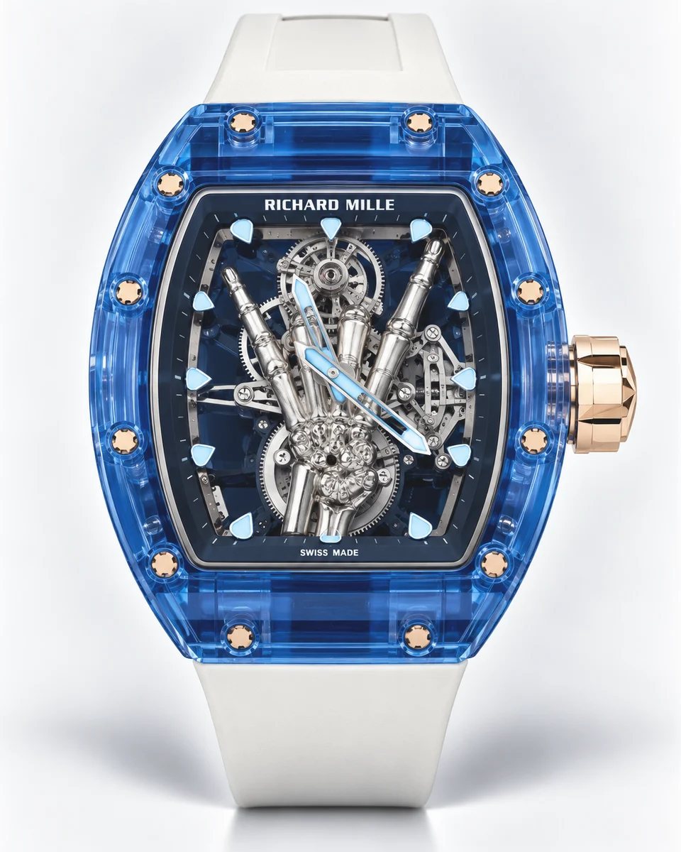 A Richard Mille with a translucent blue sapphire crystal case, rose gold screws and a sculpted white metal hand across a skeletonised tourbillon, on a white rubber strap, photographed on white