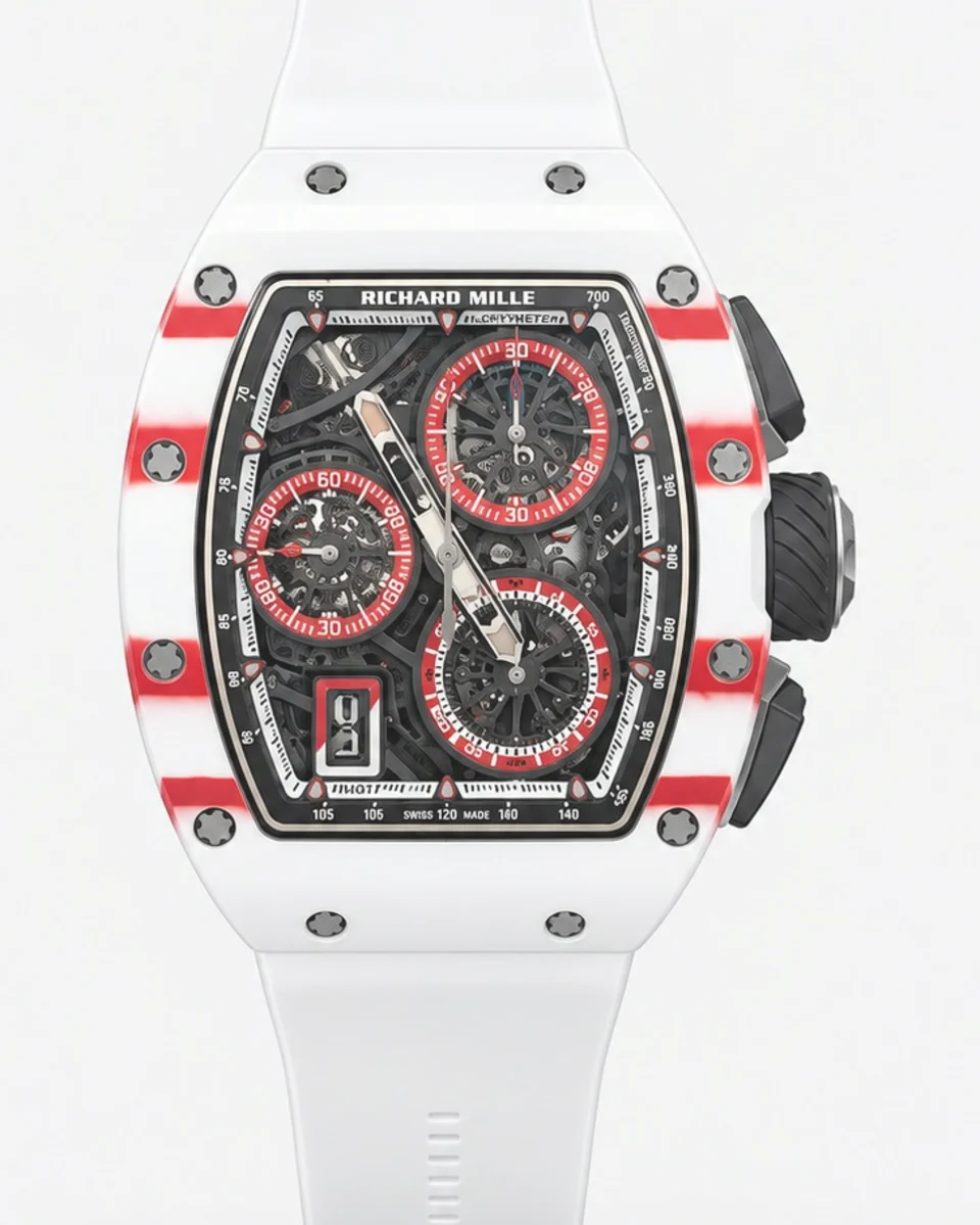 A Richard Mille RM 72-01 in white ceramic with red flange accents, skeletonised dial and a white rubber strap