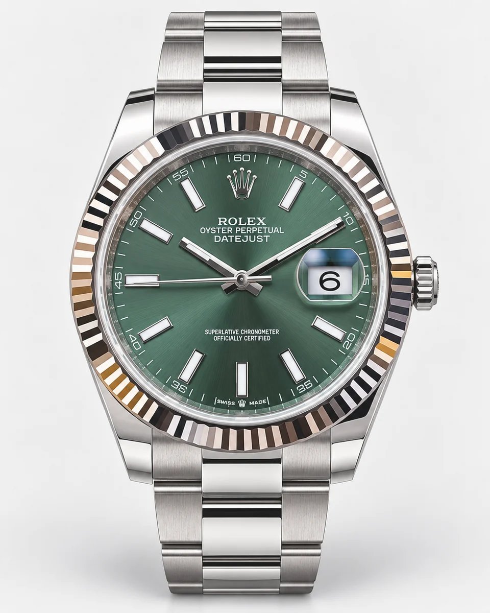 A steel Rolex Datejust 41 with a green sunburst dial, a fluted white gold bezel and an Oyster bracelet, photographed on white