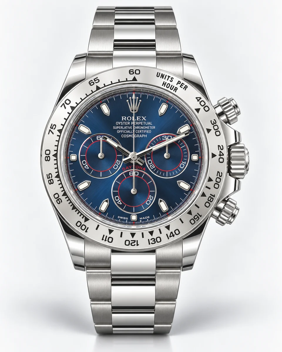 A white gold Rolex Cosmograph Daytona with a blue dial and an engraved metal tachymetric bezel on a matching bracelet, photographed on white