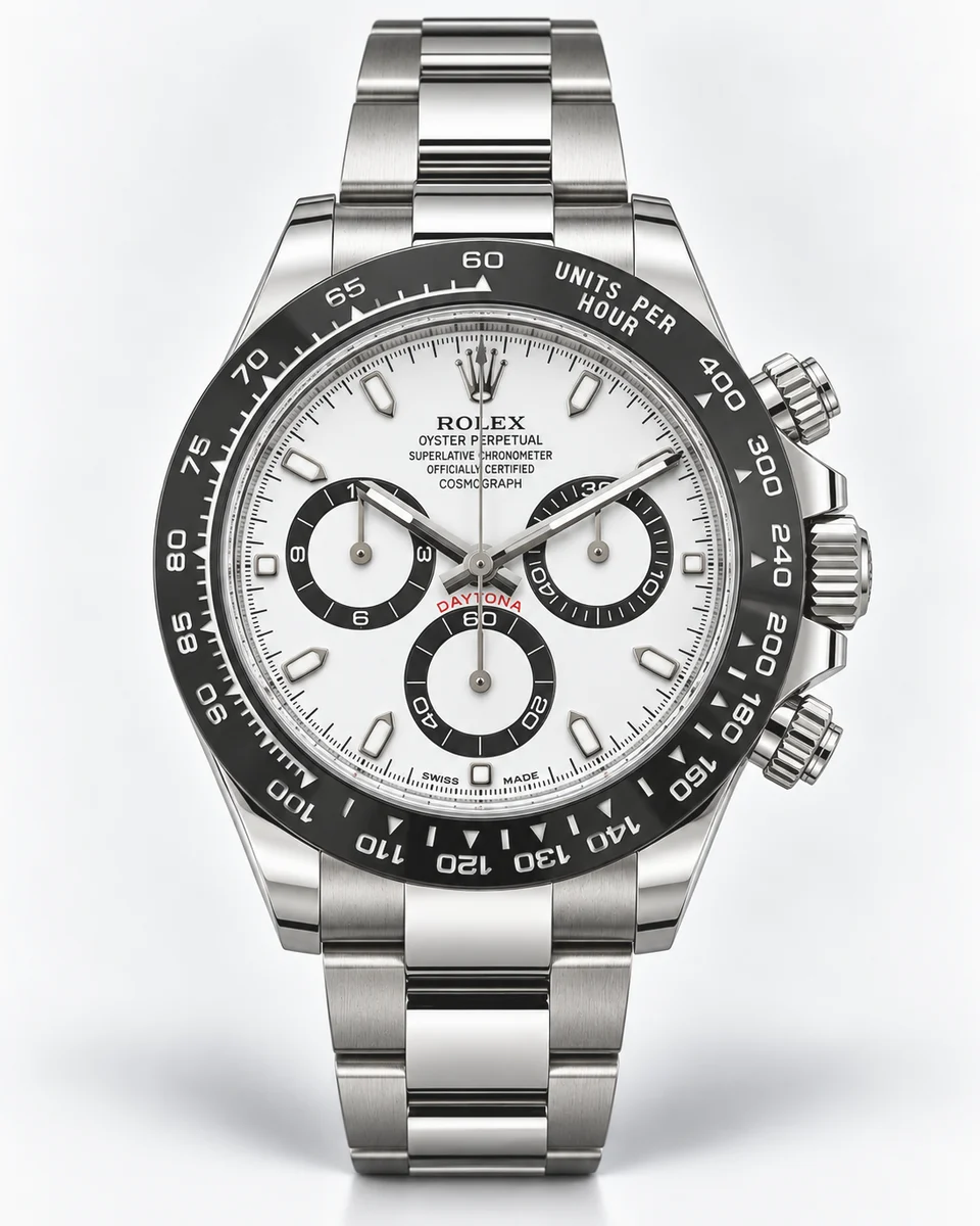 A steel Rolex Cosmograph Daytona with a white dial, black contrasting counters and a black ceramic bezel, photographed on white
