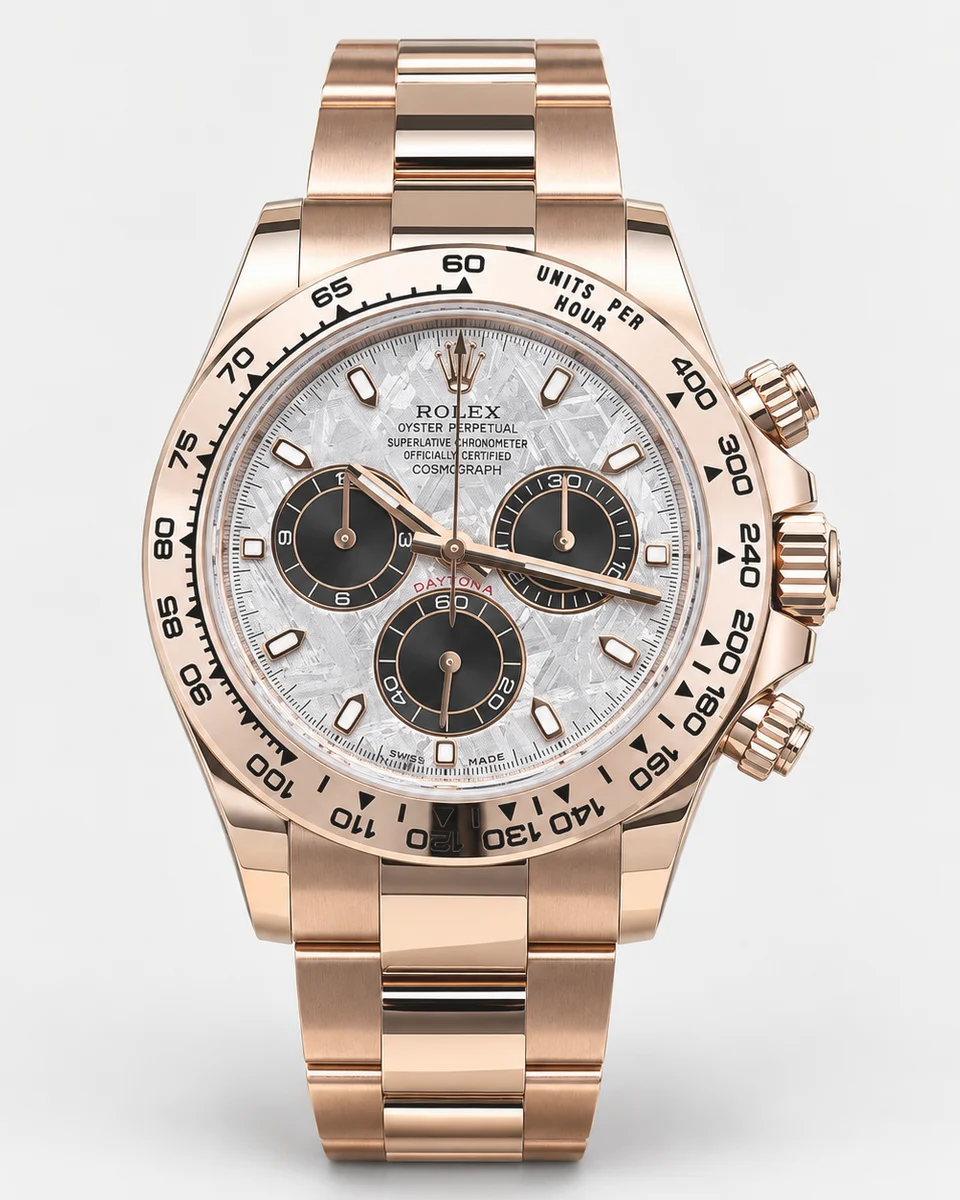 An Everose gold Rolex Cosmograph Daytona with a meteorite dial and black counters on a matching gold bracelet, photographed on white