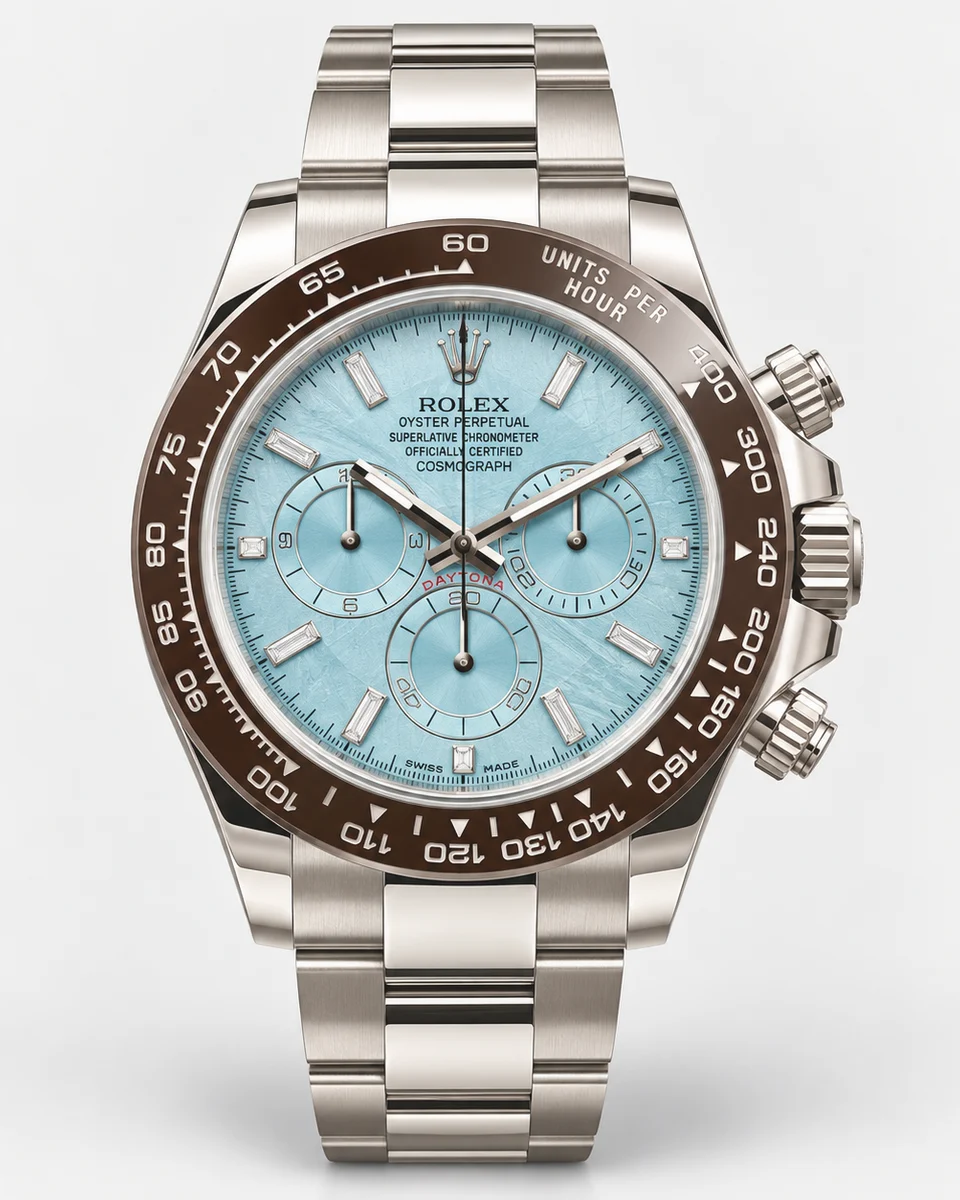 A platinum Rolex Cosmograph Daytona with an ice-blue dial, brown ceramic bezel and diamond-set markers, photographed on white