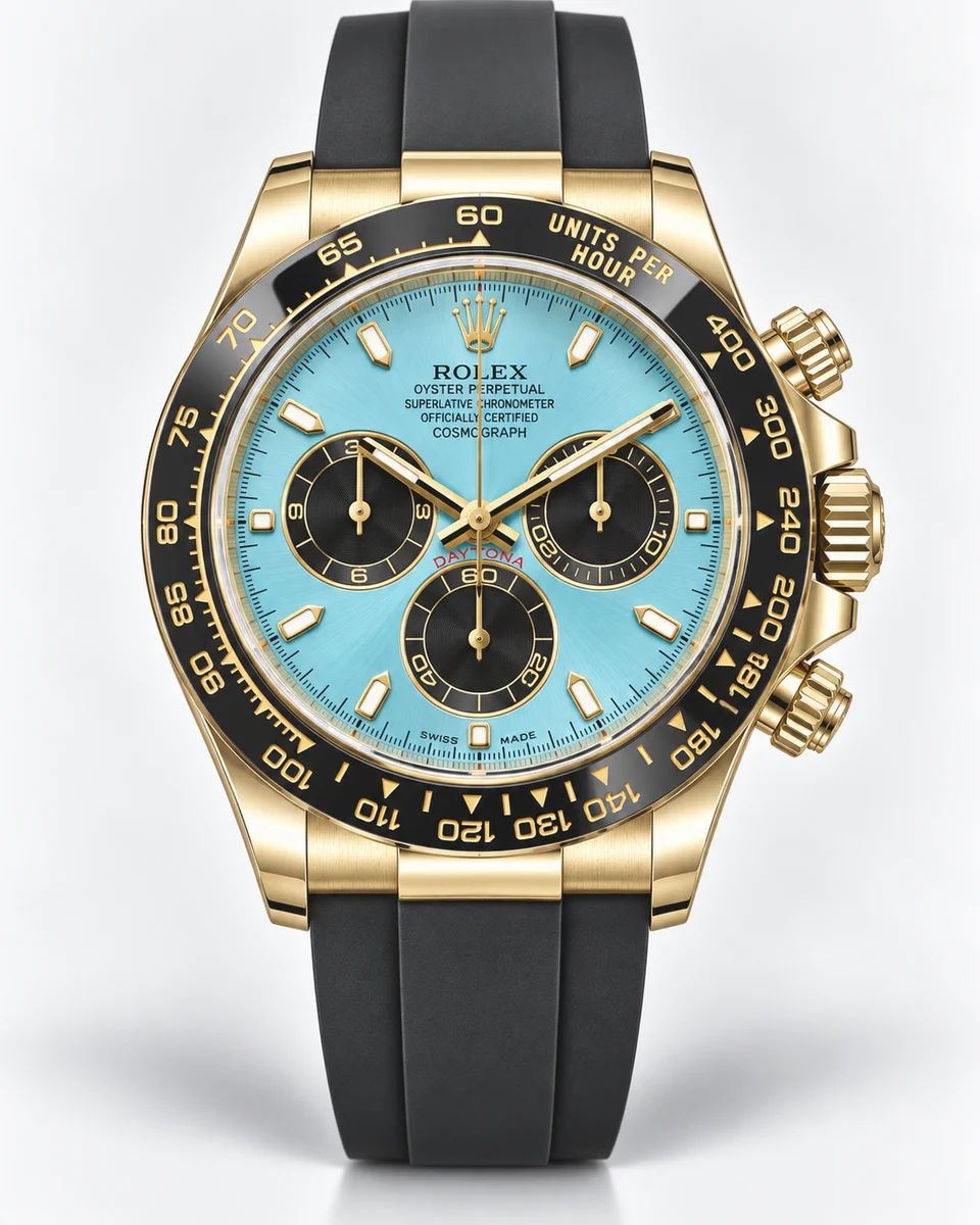A yellow gold Rolex Cosmograph Daytona with a turquoise dial, black counters and a black ceramic bezel on a black rubber strap, photographed on white