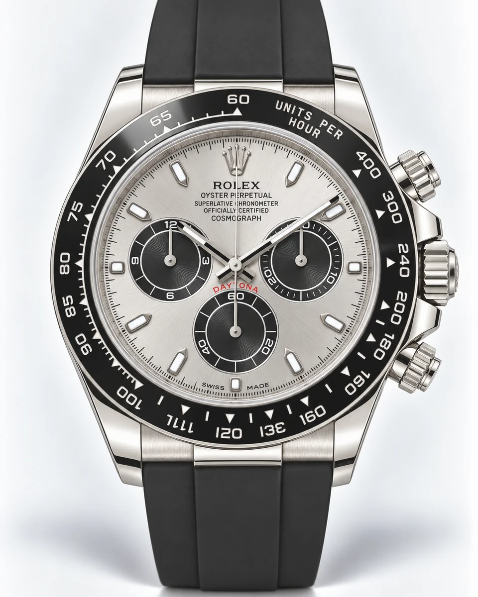 A white gold Rolex Cosmograph Daytona with a silver dial, black counters and a black ceramic bezel on a black rubber strap, photographed on white