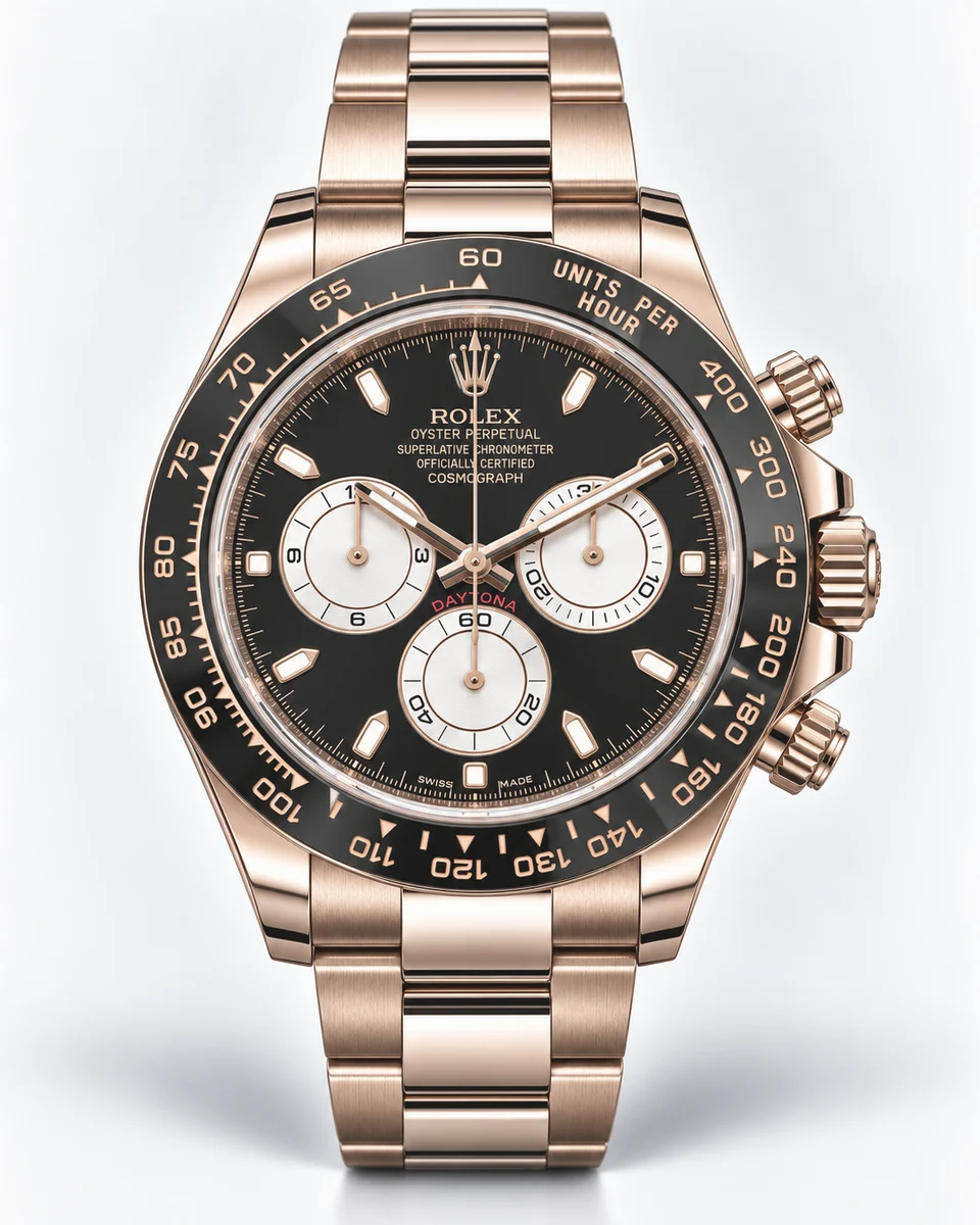 An Everose gold Rolex Cosmograph Daytona with a black dial, white counters and a black ceramic bezel on a matching gold bracelet, photographed on white